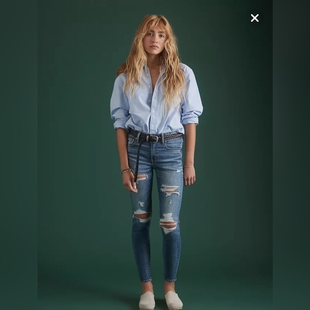 AMERICAN EAGLE Sz 14S High Rise Exposed Button Fly Distressed Jeans NEW